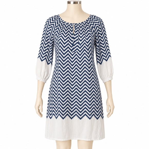 VENUS Dresses & Skirts - Venus Navy Blue White Chevron Zig Zag Shift Dress Long Sleeve Sz 10